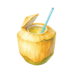 Watercolor fresh yellow coconut water with straw