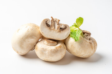 Fresh Organic Champignon Mushrooms on White Background, Healthy Eating Concept