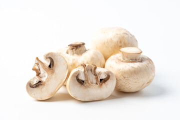 Fresh Organic Champignon Mushrooms on White Background, Healthy Eating Concept