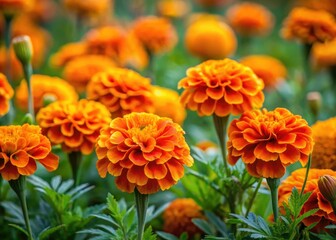Vibrant orange marigold flowers on a lush green flowerbed with delicate stems and velvety petals