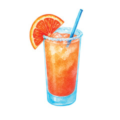 Watercolor Tequila Sunrise Cocktail with Orange Slice and Straw
