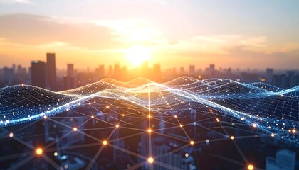Cityscape with Network Overlay at Sunset Connectivity Concept