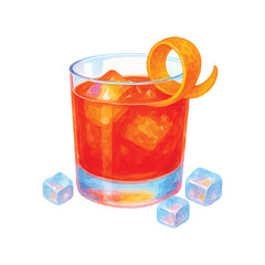 Watercolor Negroni Cocktail with Orange Peel and Ice Cubes