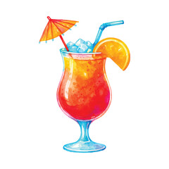 Watercolor Tropical Cocktail with Orange and Umbrella