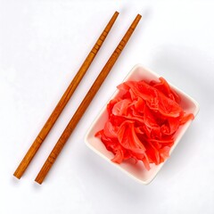 Pink ginger in small white bowl with chopsticks