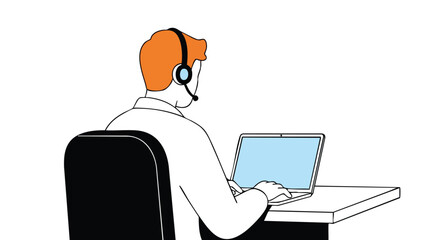 Dedicated support agent actively assisting clients via laptop and headset in a modern workspace