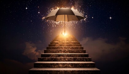 Climbing Stairs to Light Under Umbrella Against Starry Sky