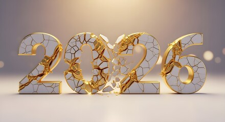 Kintsugi New Year Broken 2025 numbers being repaired with gold, transforming into perfect 2026.
