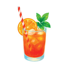 Watercolor Orange Cocktail with Ice and Mint