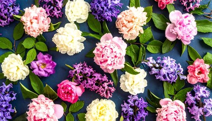 Floral arrangement of peonies, lilacs, and carnations on a dark blue background