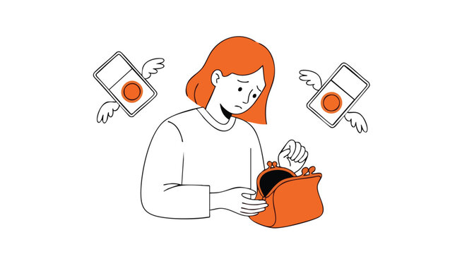 Worried woman checks empty wallet as coins with wings fly away, symbolizing financial loss