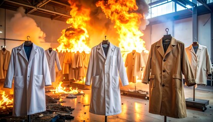 Coats on Hangers with Large Fire Background