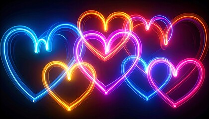 Vibrant neon hearts intertwine on a black background, showcasing a radiant display of love and affection with multi-colored glow