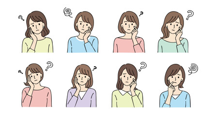 Eight diverse women expressing confusion and questioning with thoughtful poses and subtle facial expressions