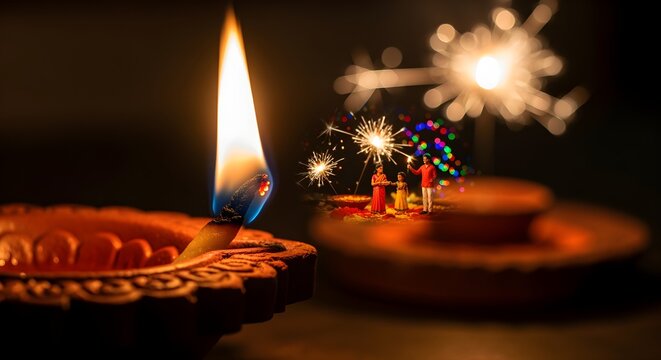 Micro Perspective Diwali Extreme close-up of flame inside tiny diya, with reflection of family celebrating in flame's curve, macro lens style.