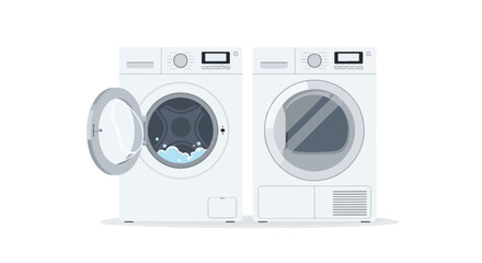 Modern laundry appliances: Washing machine with open door and dryer, essential household equipment for cleaning and drying clothes efficiently
