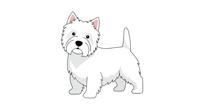Charming Cartoon Illustration of a West Highland White Terrier standing alertly, showcasing its distinct features and breed-specific traits