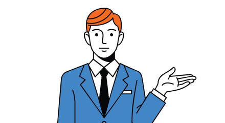 Confident businessman in blue suit gestures invitingly, ready to present solutions.