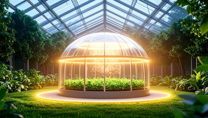Cultivating Plants in Glowing Dome Greenhouse in Garden