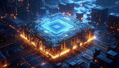 Futuristic motherboard city illuminated with blue and orange neon glow