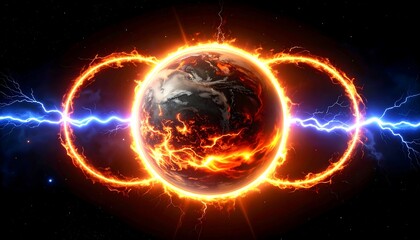 A celestial sphere, ablaze with fiery rings and electric currents in deep space. Dark, ominous clouds shroud the planet