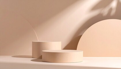 Cylinder Podium Display with Pastel Beige Background and Plant Shadow
