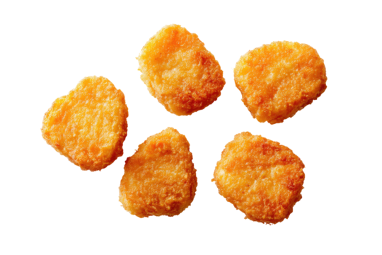 Five golden-brown, crispy chicken nuggets arranged in a starburst pattern against a black background