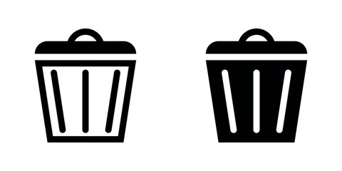 Black trash can or dustbin icons set design, filled and outline version. Simple symbol vector illustration.