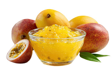 Mango and passion fruit jam in a glass bowl, surrounded by fresh fruit