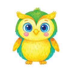 Adorable colorful owl cartoon watercolor illustration with big blue eyes