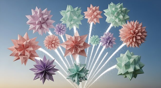 Origami Fireworks Paper fireworks unfolding mid-air into 3D shapes, pastel color palette.