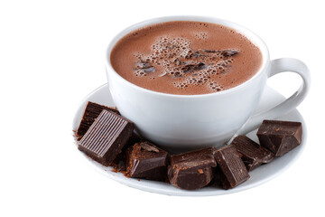 Creamy hot chocolate in a white cup, surrounded by dark chocolate squares