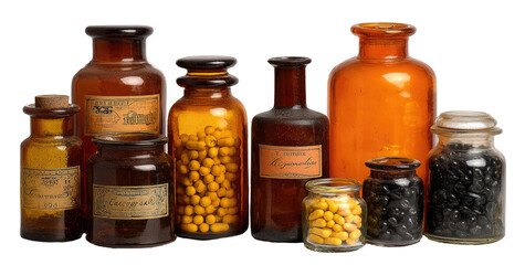 Vintage amber glass apothecary jars filled with pills and capsules.  Various colors and sizes
