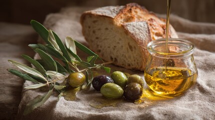 Fresh olive oil, olives and bread, golden drizzle on crust, Mediterranean taste in simple ritual.