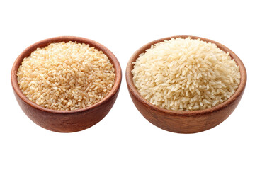 Two wooden bowls, side-by-side, each filled with uncooked rice.  One bowl holds brown rice, the other white rice