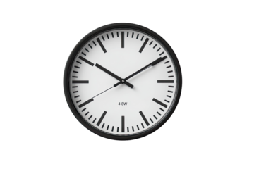 A round wall clock with a black frame and white face.  Simple, clean design with black hour markers.  Precise timekeeping