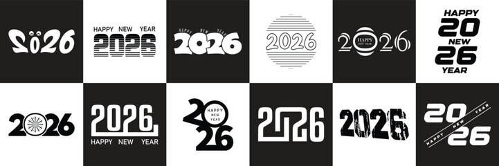 Fototapeta premium Big collection of 2026 Happy New Year logos, 2026 Happy New Year design pack, Creative number designs and festive symbols, Vector design in black and white background