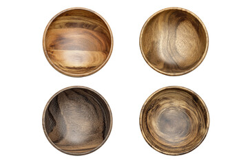 Four round wooden bowls, top-down view, showcasing wood grain patterns