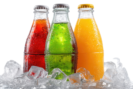 Three glass bottles of different colored drinks on ice - Powered by Adobe