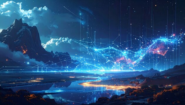 Futuristic interconnectedness landscape, digital infrastructure vision