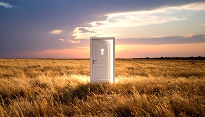 Door Standing Open in Golden Field at Sunset with Keyhole