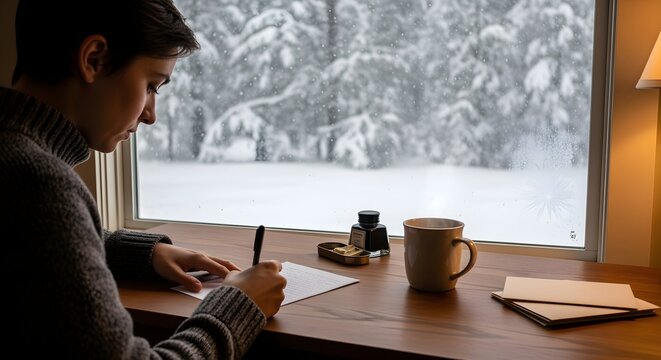 Person writing handwritten letter by window with snow falling outside.