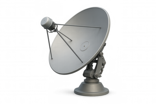 Satellite dish pointing towards the sky, capturing signals with transparent background, ideal for telecommunications projects