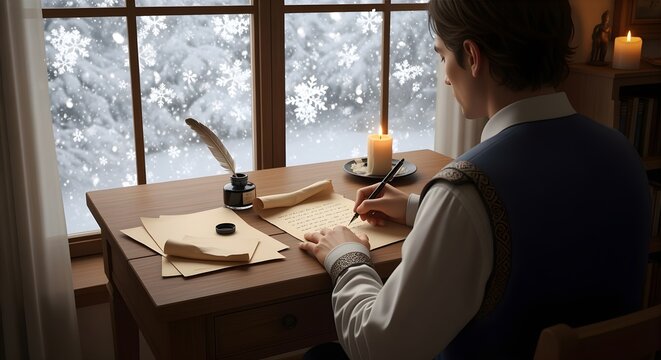 Person writing handwritten letter by window with snow falling outside.