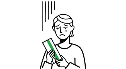 Devastated person holding a bill with a single green stripe, tears of sadness