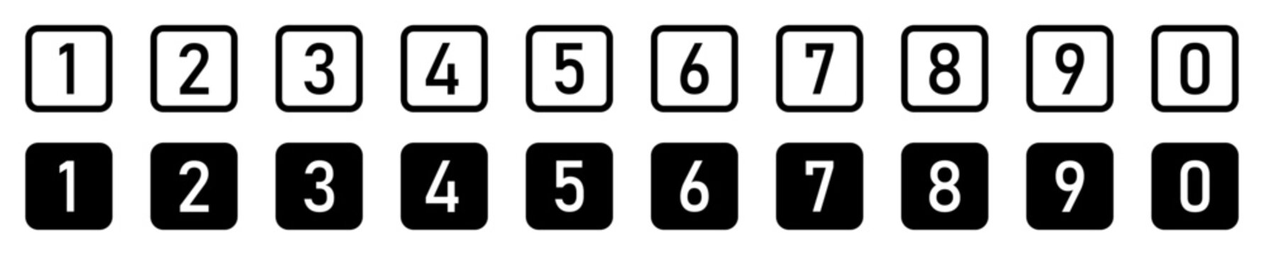 Set of bullet point numbers from 0-9 in black rounded square stroke and fill. Numeric typographic set of counting numbers from 0 to 9 for apps, websites and UI isolated in stroke and fill styles
