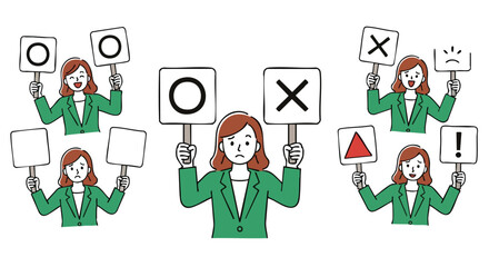 Businesswoman expresses opinions with various signs showing yes no warning and exclamation