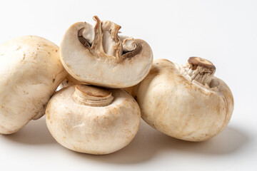 Fresh Organic Champignon Mushrooms on White Background, Healthy Eating Concept