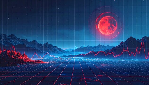 Futuristic landscape with mountains and a red moon, data on a grid