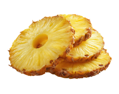Close-up of three overlapping pineapple slices.  Bright yellow flesh with visible brown edges and a circular core